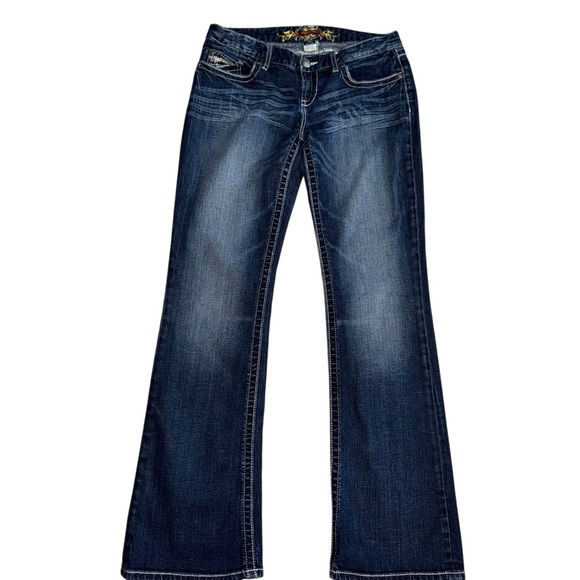 Maurice’s Women’s jeans SZ 7/8R Blue Dark Wash Fading Whiskering Low Rise 💖 - Picture 2 of 8